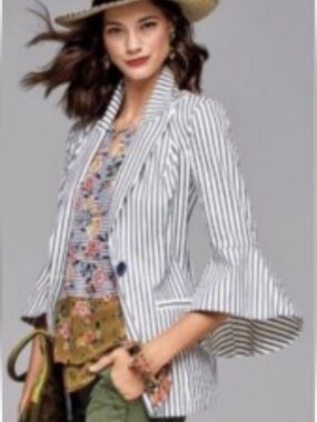 CAbi Black & Ivory Vertical-Stripe Ruffle-Sleeve Blazer size 4